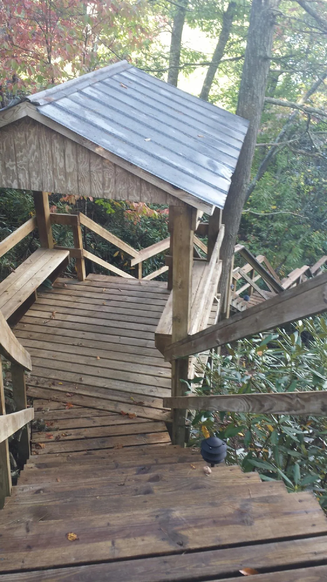 Metal roofed shelter over wooden steps on a wooded walkway — Skylight Repair & Installation work by our crew in Gazelle
